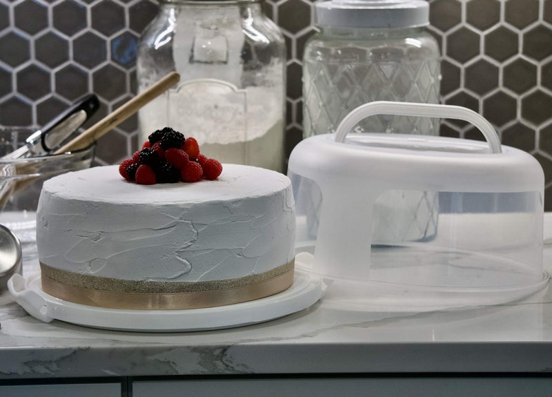 Highball  Chaser Top Shelf Elements Round Cake Carrier Two Sided Cake Holder Serves as Five Section Serving Tray, Portable Cake Stand Fits 10 inch Cake, Cake Box Comes With Handle, Cake Container Holds Pies (White) - Image 4